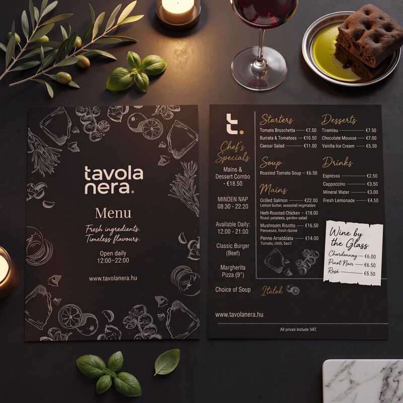 Meniu din carton creativ negru cu tipar alb și auriu, pe o masă aranjată